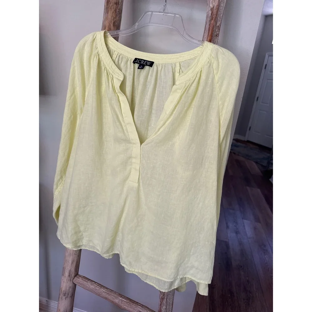 Women'sJ.Crew pale yellow linen-blend v-neck blouse size XL clasic
